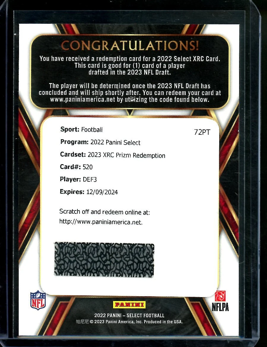 2022 Panini Select Tyree Wilson Rookie XRC Redemption DEF3 Raiders
