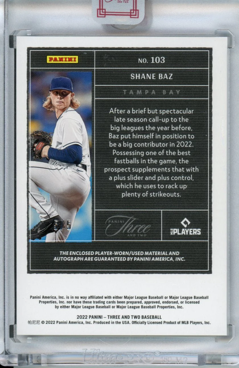 2022 Panini Three & Two Shane Baz Rookie RPA Red /5 Rays - Image 2