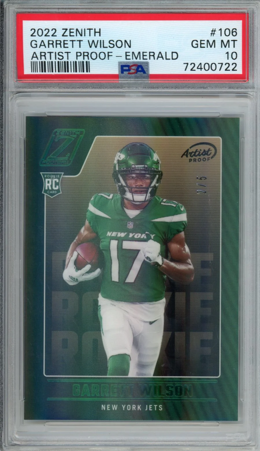 2022 Panini Zenith Garrett Wilson Rookie Artist Proof Emerald /5 Jets PSA 10