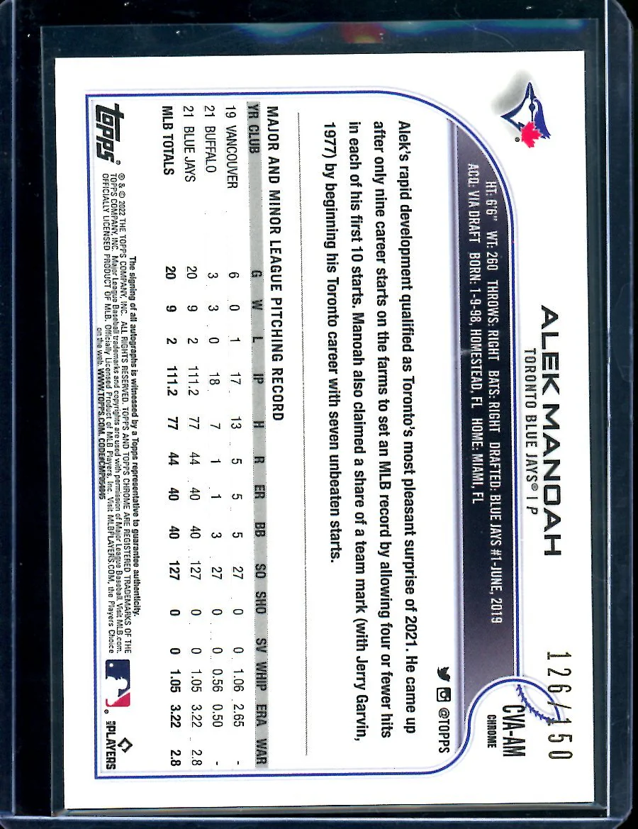 2022 Topps Chrome Alek Manoah Blue Wave Auto /150 Blue Jays - Image 2