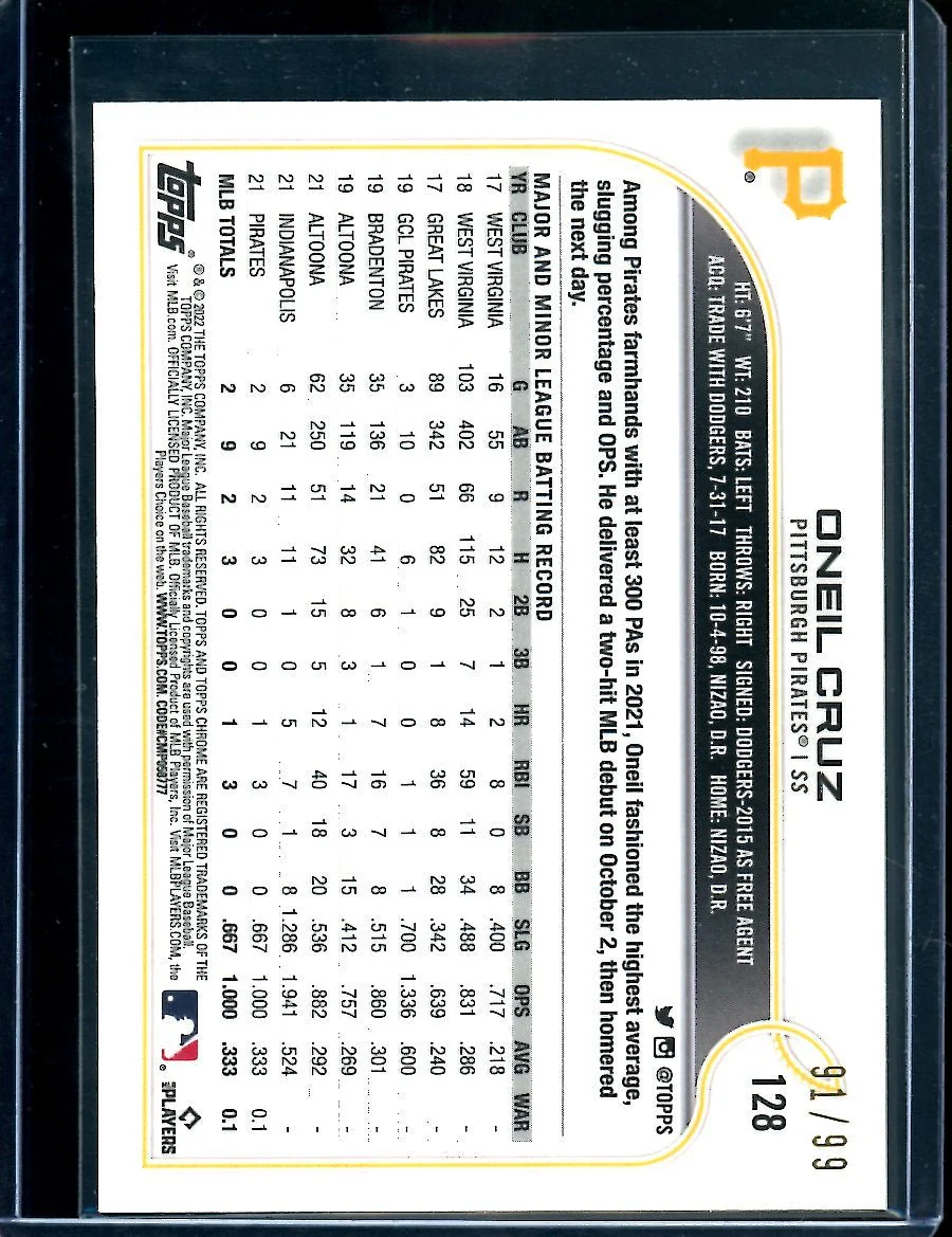 2022 Topps Chrome Ben Baller Oneil Cruz Rookie Green /99 Pirates - Image 2