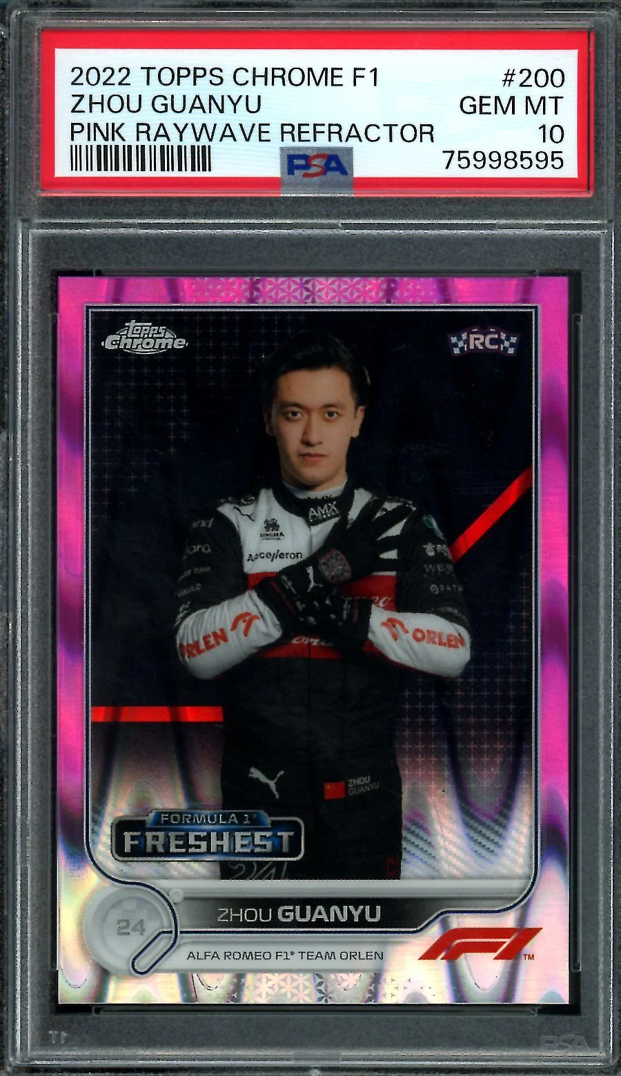 2022 Topps Chrome Guanyu Zhou Pink Raywave /75 PSA 10 Alfa Romeo