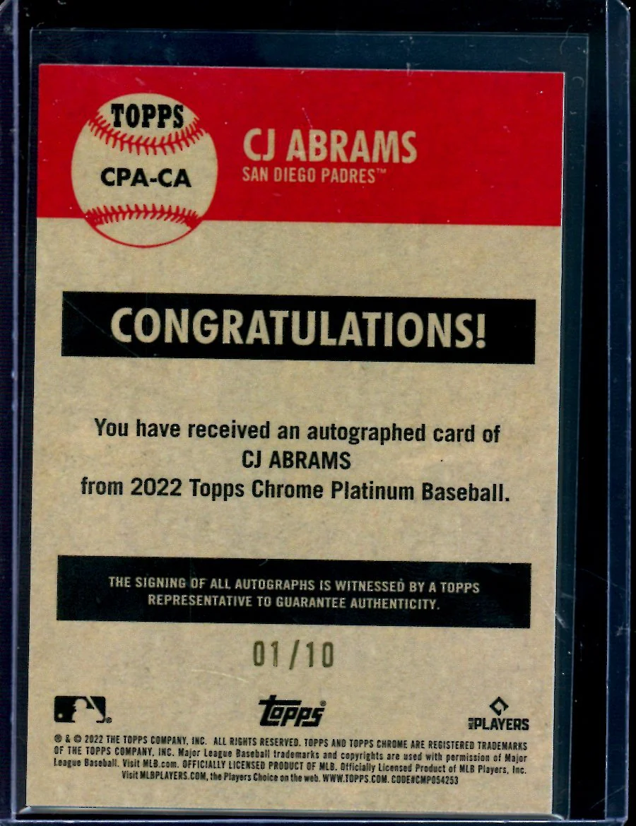 2022 Topps Chrome Platinum Anniversary CJ Abrams Rookie Autograph Black /10 Padres - Image 2