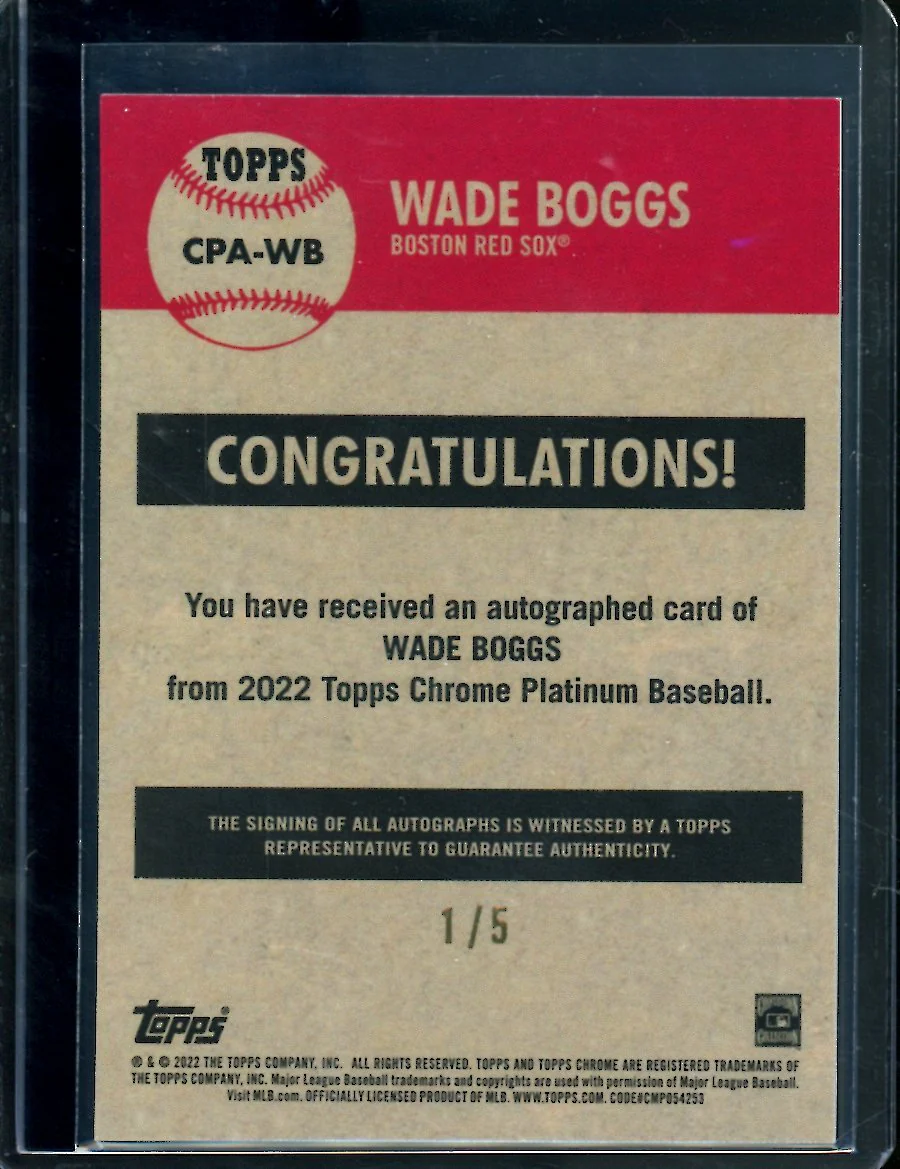 2022 Topps Chrome Platinum Anniversary Wade Boggs Auto Red /5 Red Sox - Image 2