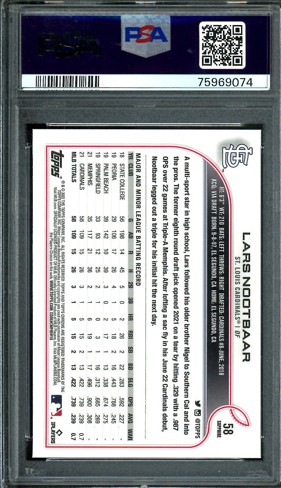 2022 Topps Chrome Sapphire Lars Nootbaar Rookie PSA 10 Cardinals - Image 2