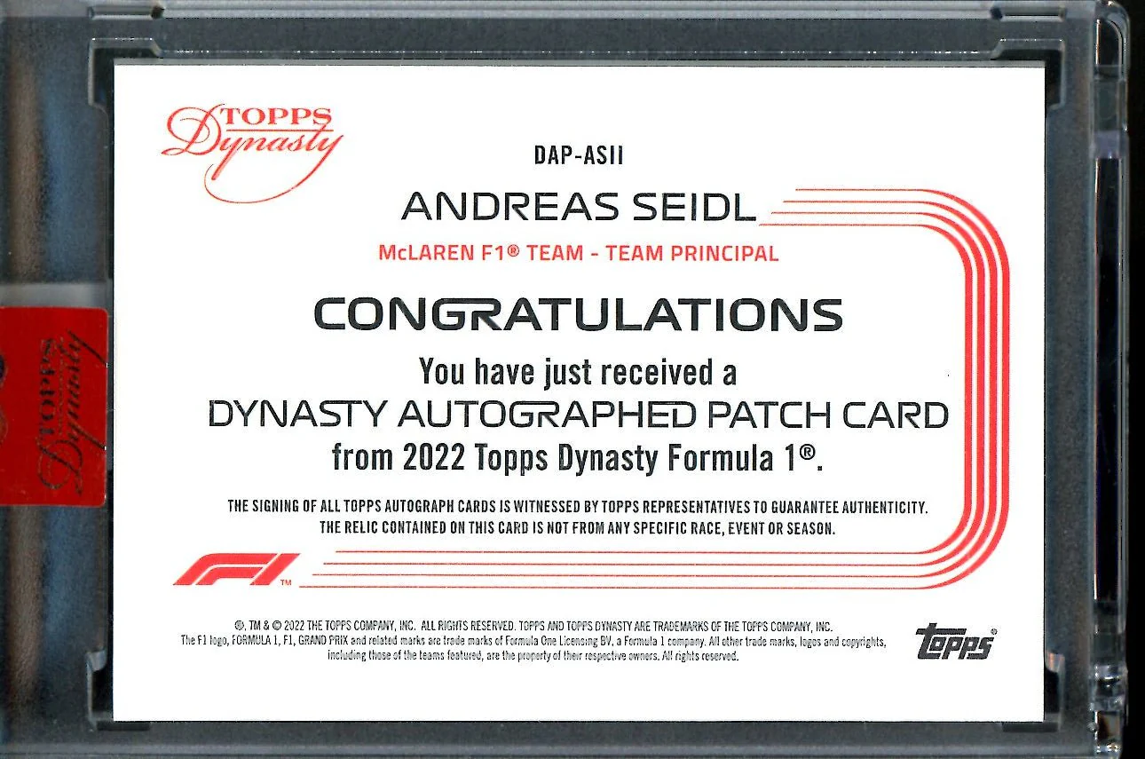 2022 Topps Dynasty Formula 1 Andreas Seidl Patch Auto 1/1 McLaren - Image 2