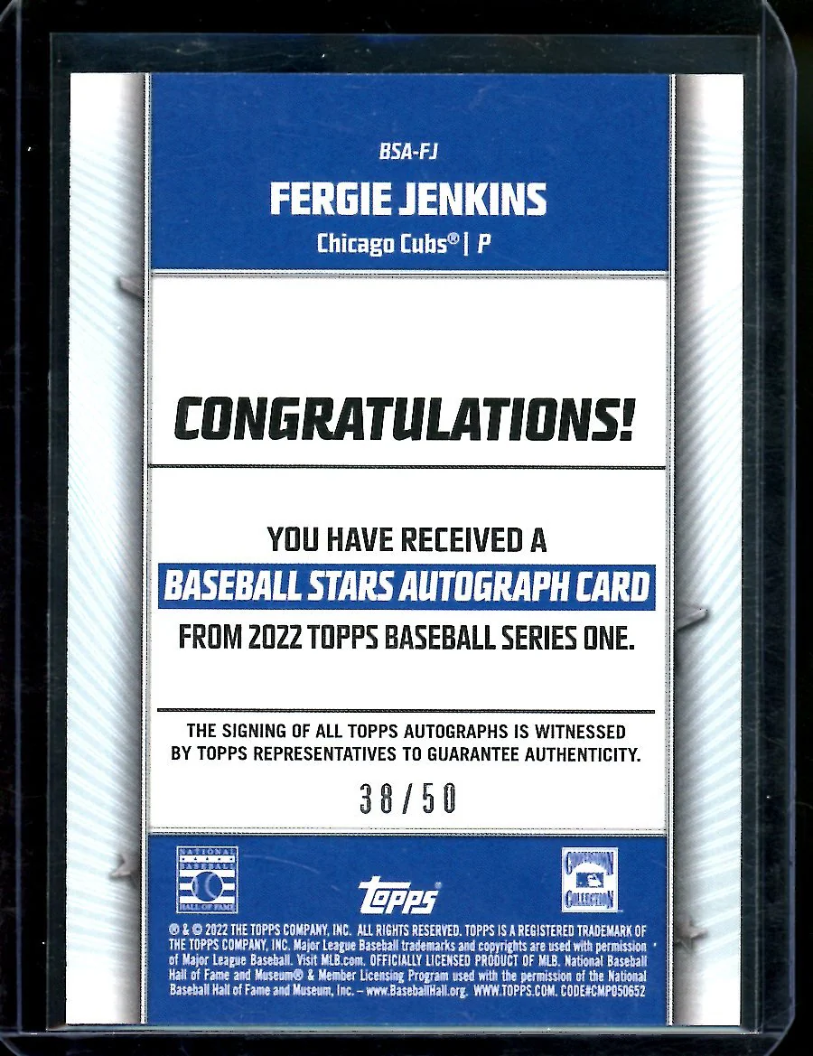 2022 Topps Fergie Jenkins Baseball Stars Auto Gold /50 Cubs - Image 2