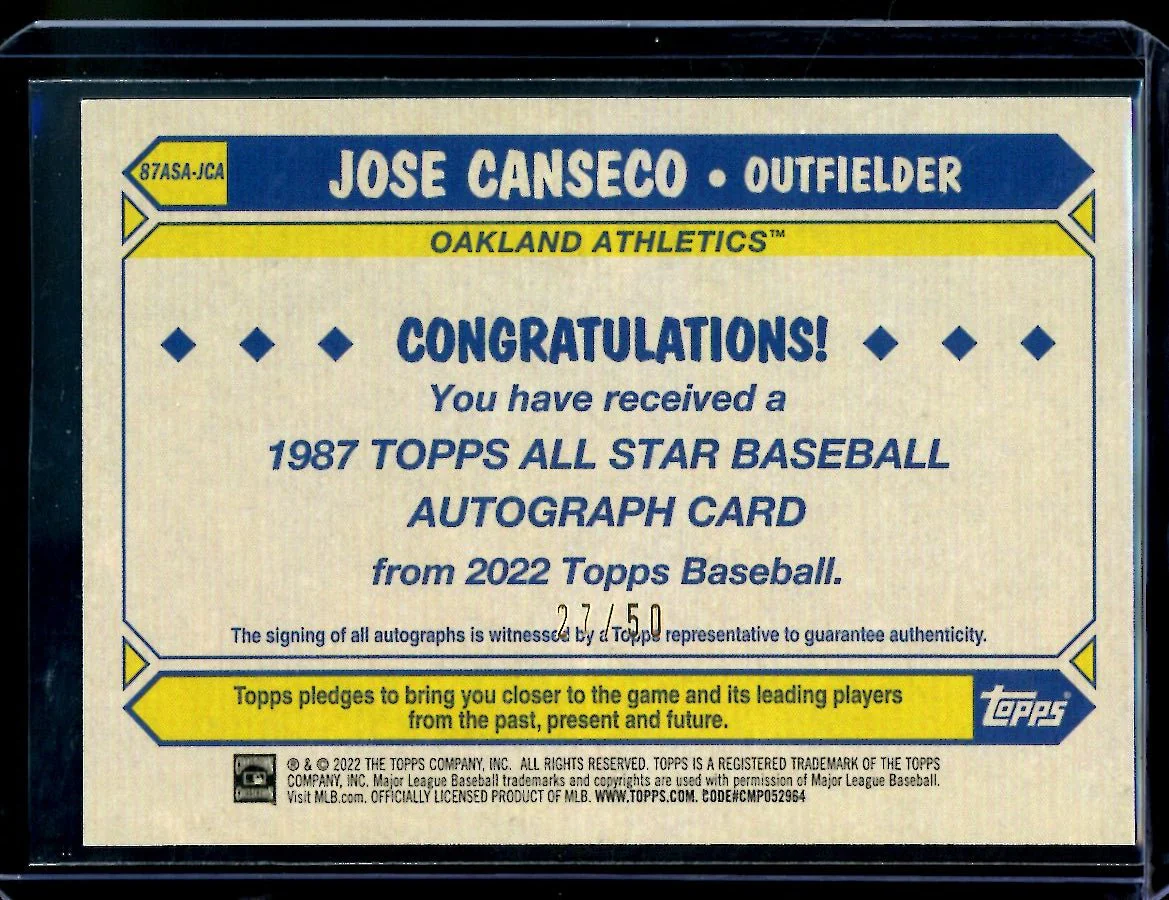2022 Topps Jose Canseco 1987 Auto /50 Athletics - Image 2