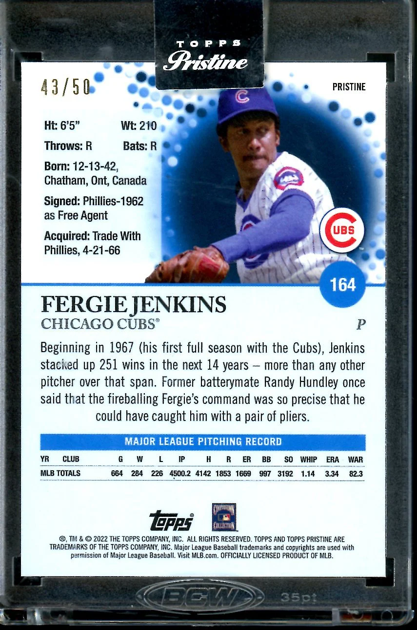 2022 Topps Pristine Fergie Jenkins Gold /50 Cubs - Image 2