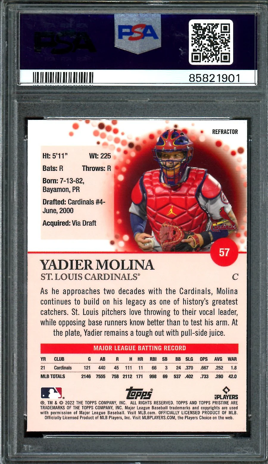 2022 Topps Pristine Yadier Molina Refractor PSA 10 Cardinals - Image 2