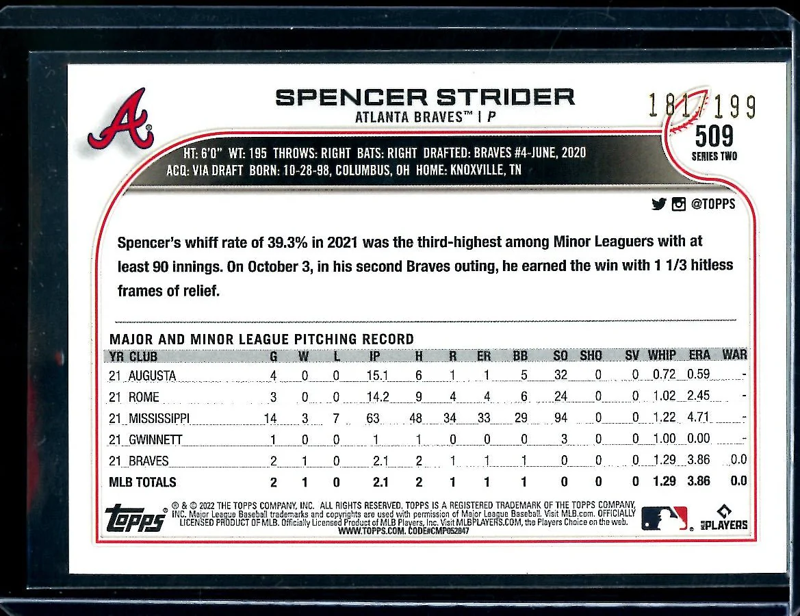 2022 Topps Series Two Spencer Strider Rookie Red Foilboard /199 Braves - Image 2