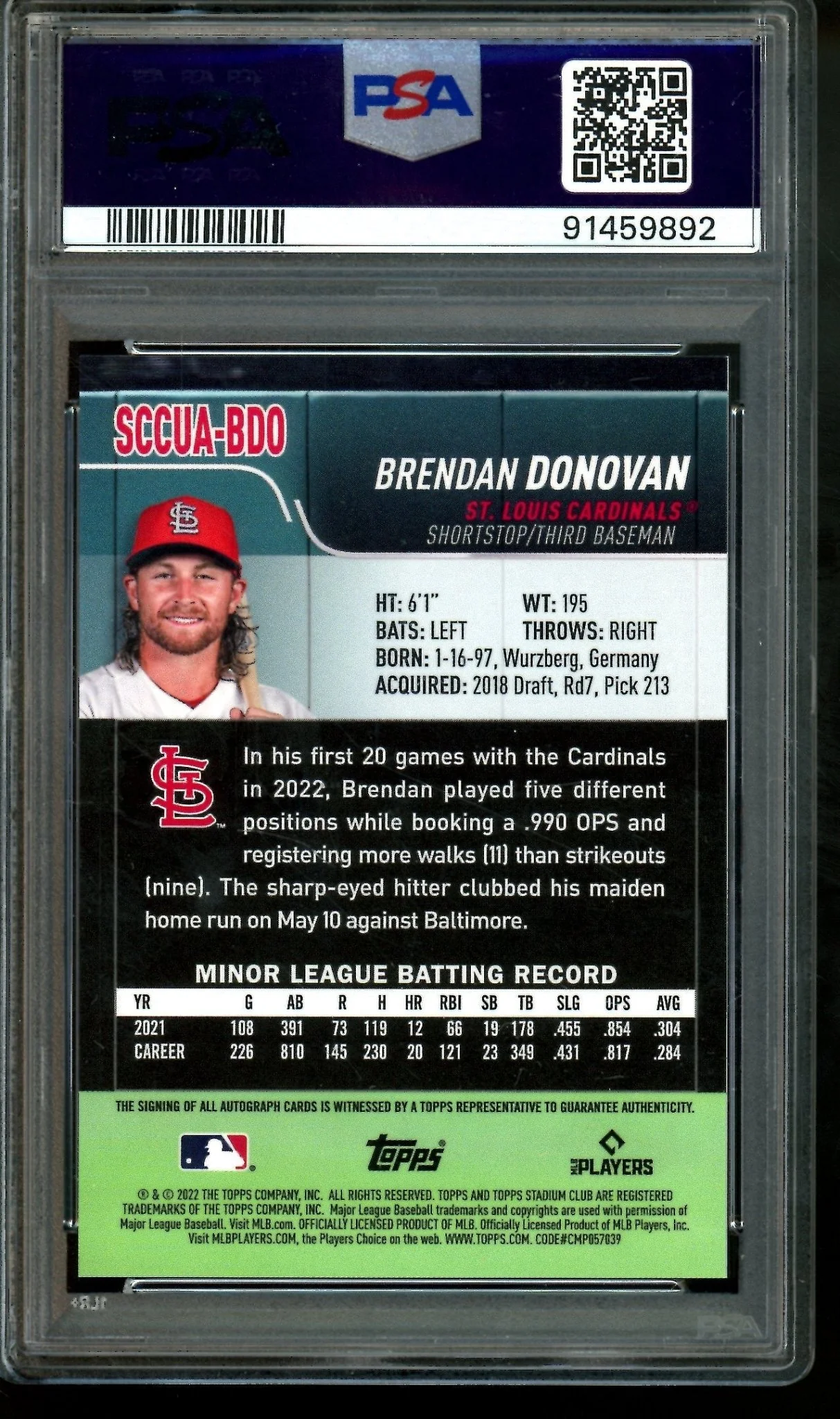 2022 Topps Stadium Club Chrome Brendan Donovan Refractor Rookie Autograph PSA 10 Cardinals - Image 2