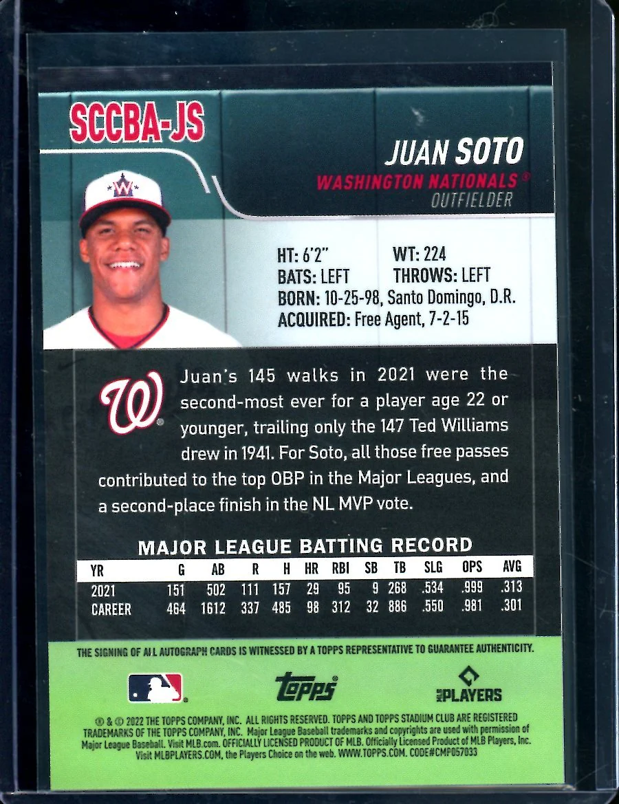 2022 Topps Stadium Club Chrome Juan Soto Auto Nationals - Image 2