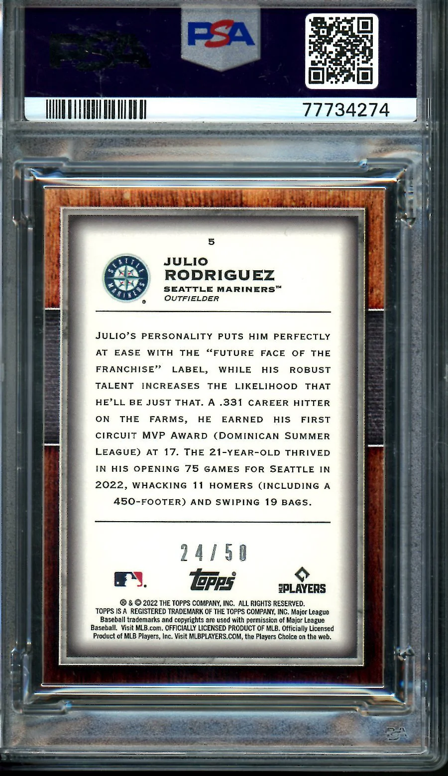 2022 Topps Transcendent Julio Rodriguez Rookie PSA 9 Mariners - Image 2
