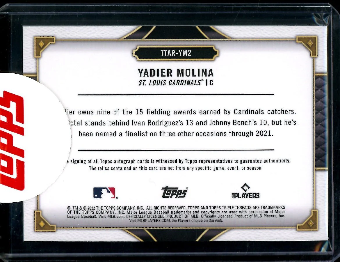 2022 Topps Triple Threads Yadier Molina Patch Auto /27 Cardinals - Image 2