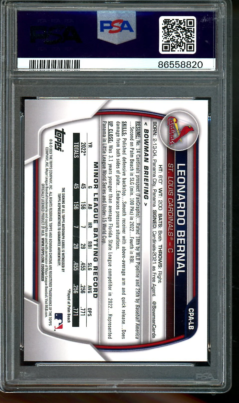 2023 Bowman Chrome Leonardo Bernal 1st Mojo Autograph 150 PSA 10 Cardinals - Image 2