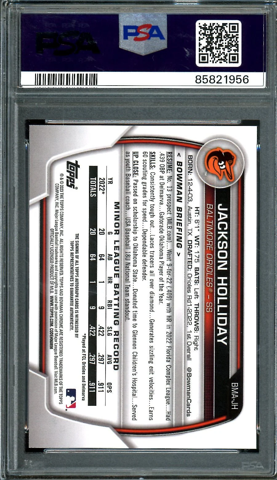 2023 Bowman Chrome Mega Box Jackson Holliday Auto Green /99 PSA 10 Orioles - Image 2