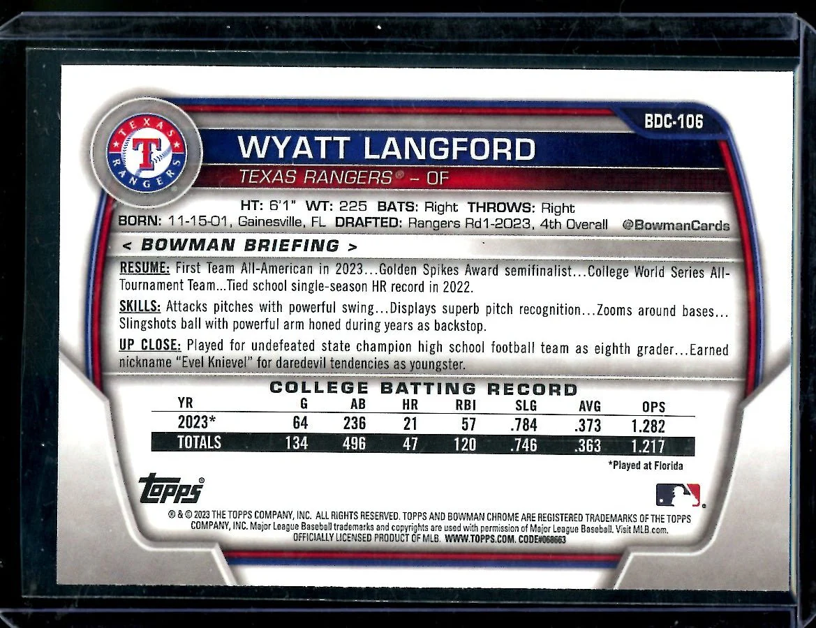 2023 Bowman Chrome Wyatt Langford 1st Bowman Rangers - Image 2