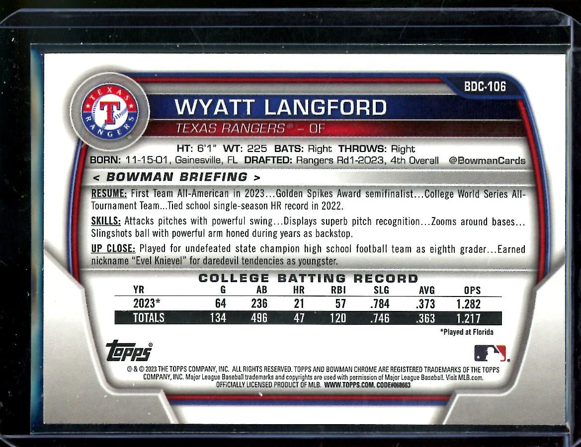 2023 Bowman Chrome Wyatt Langford 1st Bowman Yellow /75 Rangers - Image 2