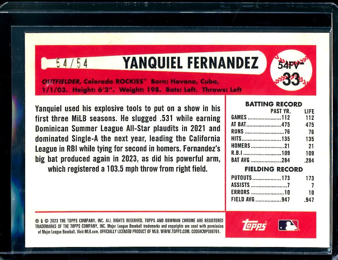 2023 Bowman Chrome Yanquiel Fernandez Flag Variation /54 Rockies - Image 2