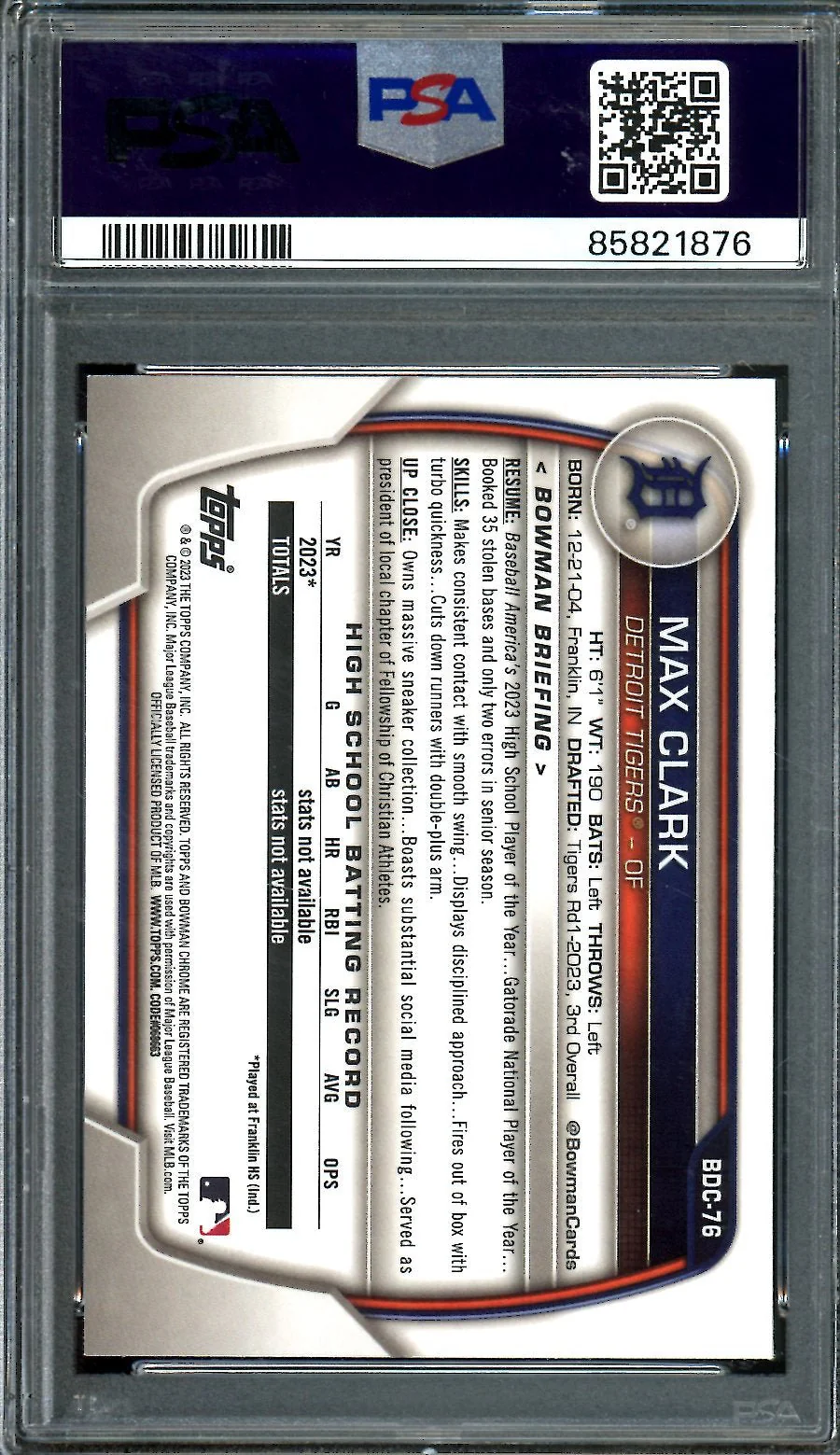 2023 Bowman Draft Max Clark 1st Bowman Purple /250 PSA 10 Tigers - Image 2
