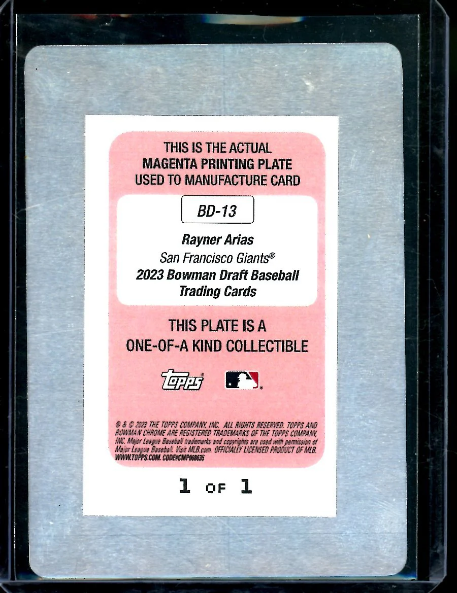 2023 Bowman Rayner Arias Printing Plate 1/1 Giants - Image 2