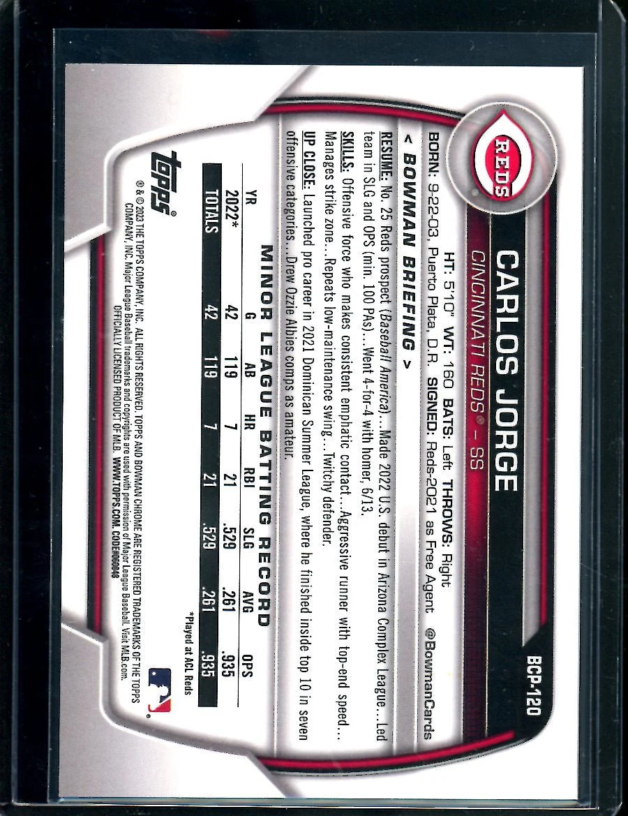 2023 Bowman Sapphire Carlos Jorge 1st Bowman Orange /50 Reds - Image 2