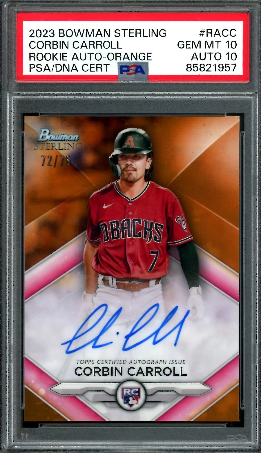 2023 Bowman Sterling Corbin Carroll Rookie Auto Orange /75 PSA 10 Diamondbacks