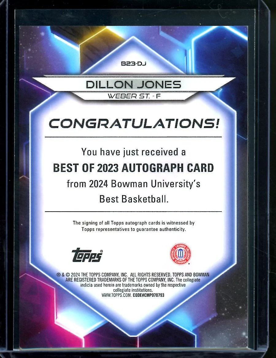 2023 Bowman University Best Dillon Jones Auto /125 Weber State - Image 2