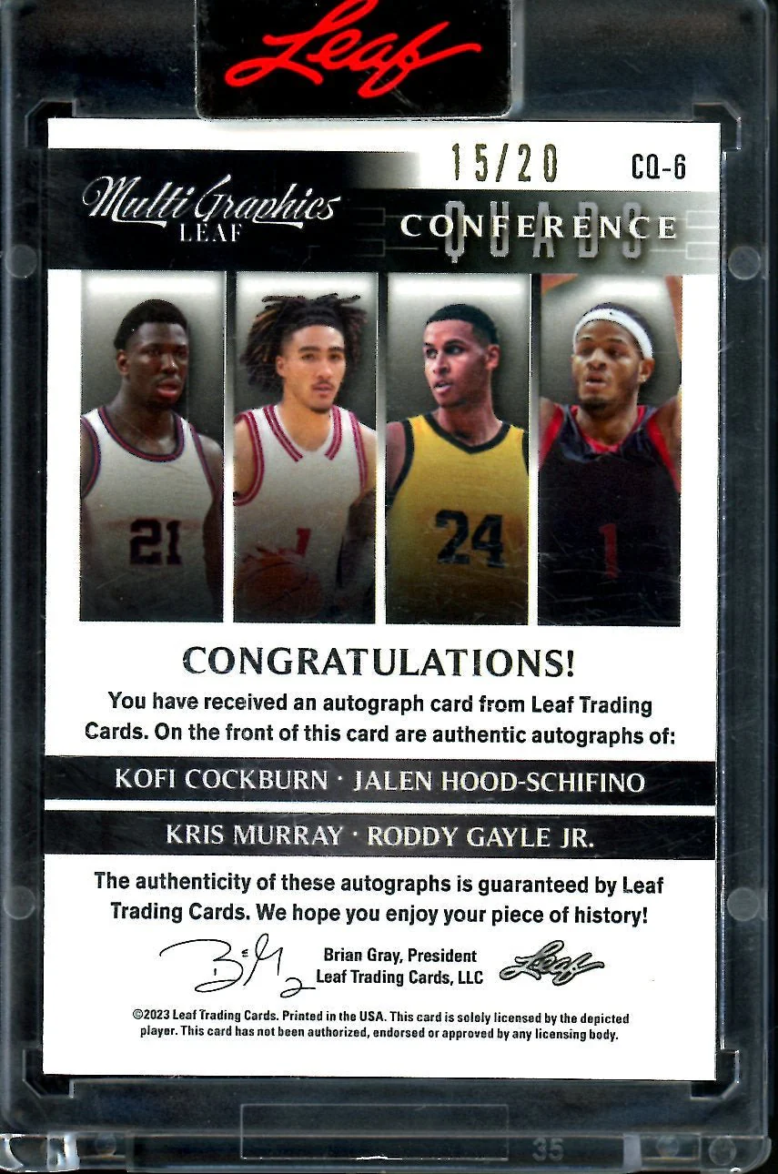 2023 Leaf MultiGraphics Kofi Cockburn/Jalen Hood-Schifino/Kris Murray/Roddy Gayle Jr. Quad Auto Purple /20 - Image 2