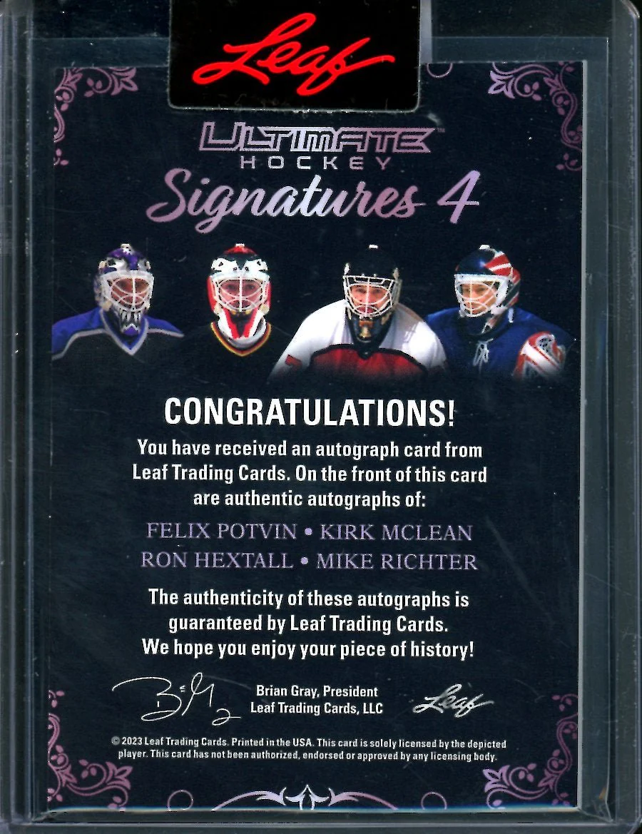 2023 Leaf Ultimate Hockey Felix Potvin/Kirk McLean/Ron Hextall/Mike Richter Quad Auto /8 - Image 2
