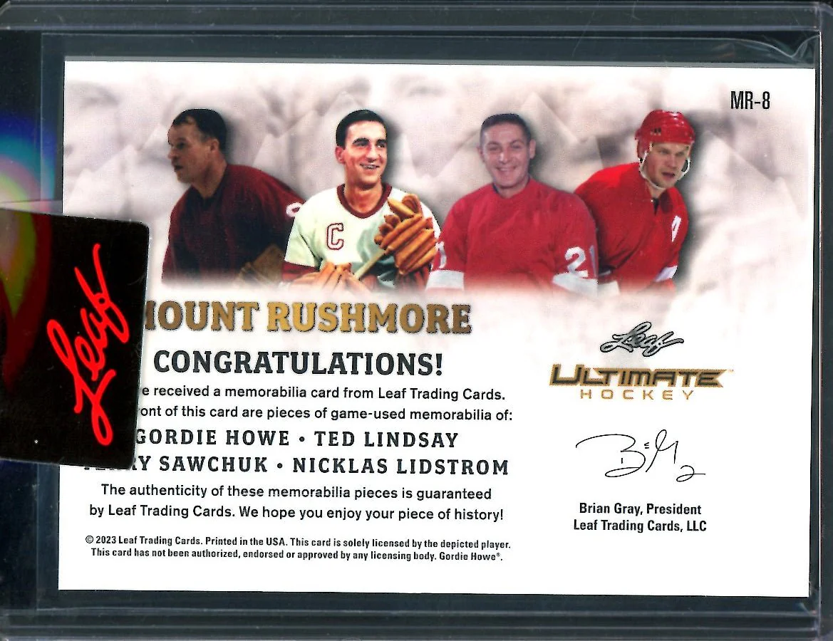 2023 Leaf Ultimate Hockey Gordie Howe/Ted Lindsay/Terry Sawchuk/Nicklas Lidstrom Mount Rushmore Quad Patch /25 - Image 2