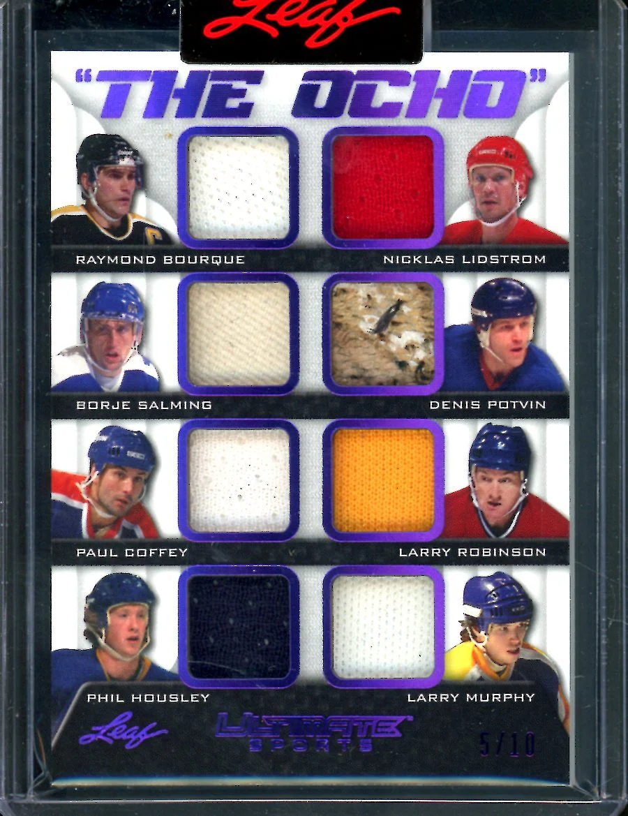 2023 Leaf Ultimate Hockey Raymond Bourque/Nicklas Lidstrom/ Borje Salming/ Denis Potvin/ Paul Coffey/Larry Robinson/Phil Housley/Larry Murphy "The Ocho" Patch /10