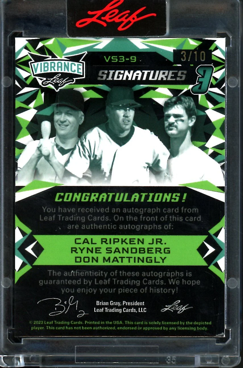 2023 Leaf Vibrance Cal Ripken Jr./Ryne Sandberg/Don Mattingly Triple Auto /10 - Image 2