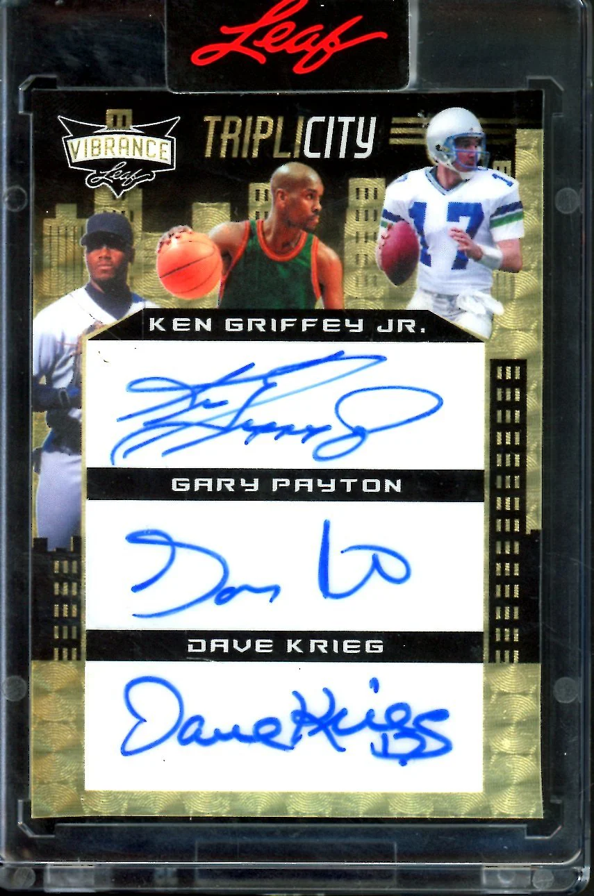 2023 Leaf Vibrance Ken Griffey Jr./Gary Payton/Dave Krieg Triplicity Auto Gold Vinyl 1/1 Seattle