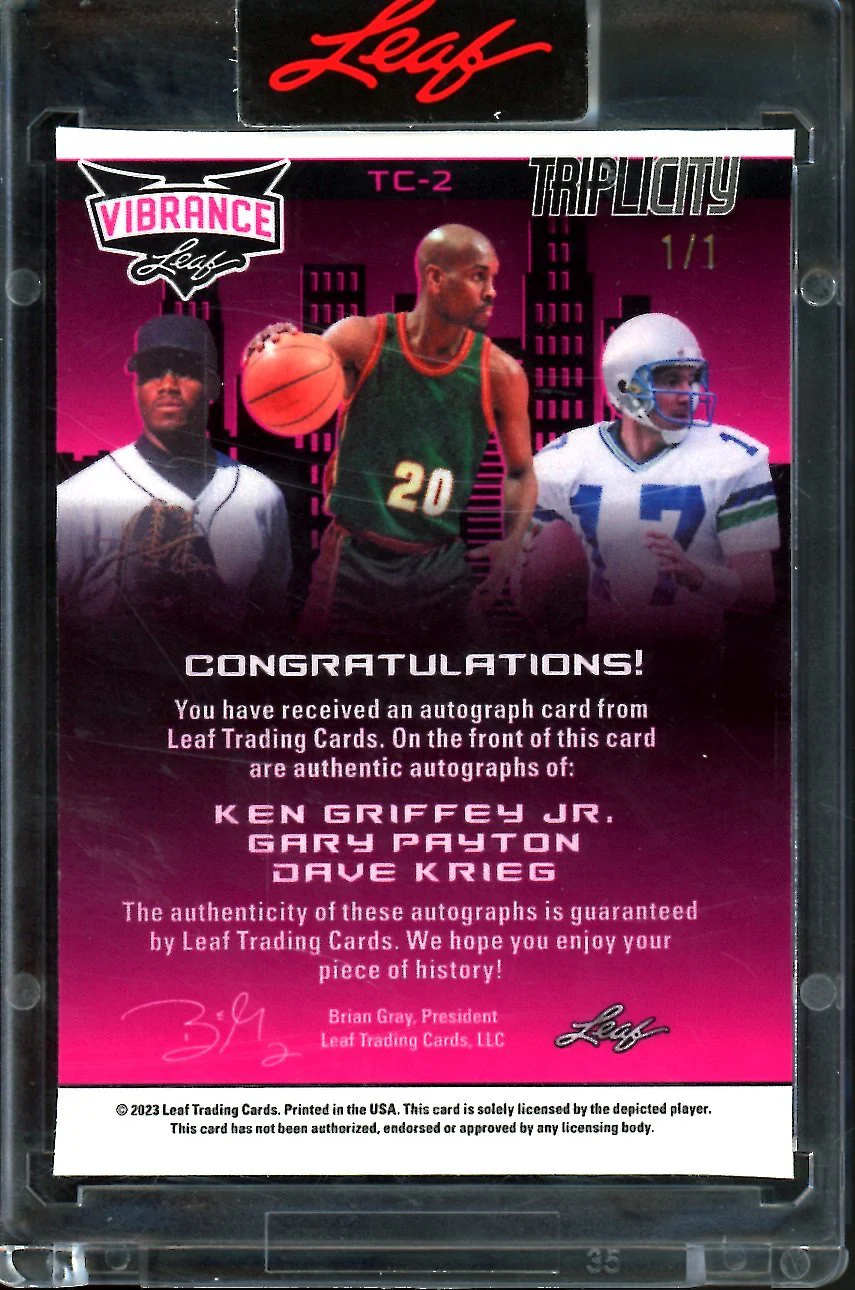 2023 Leaf Vibrance Ken Griffey Jr./Gary Payton/Dave Krieg Triplicity Auto Gold Vinyl 1/1 Seattle - Image 2