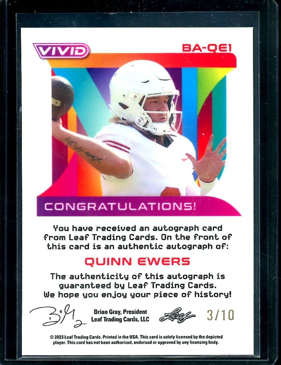 2023 Leaf Vivid Quinn Ewers Gold Ice Auto /10 Texas - Image 2