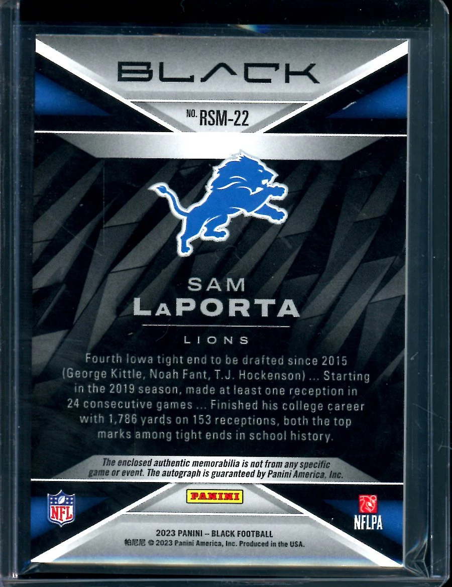 2023 Panini Black Sam LaPorta Rookie RPA /75 Lions - Image 2