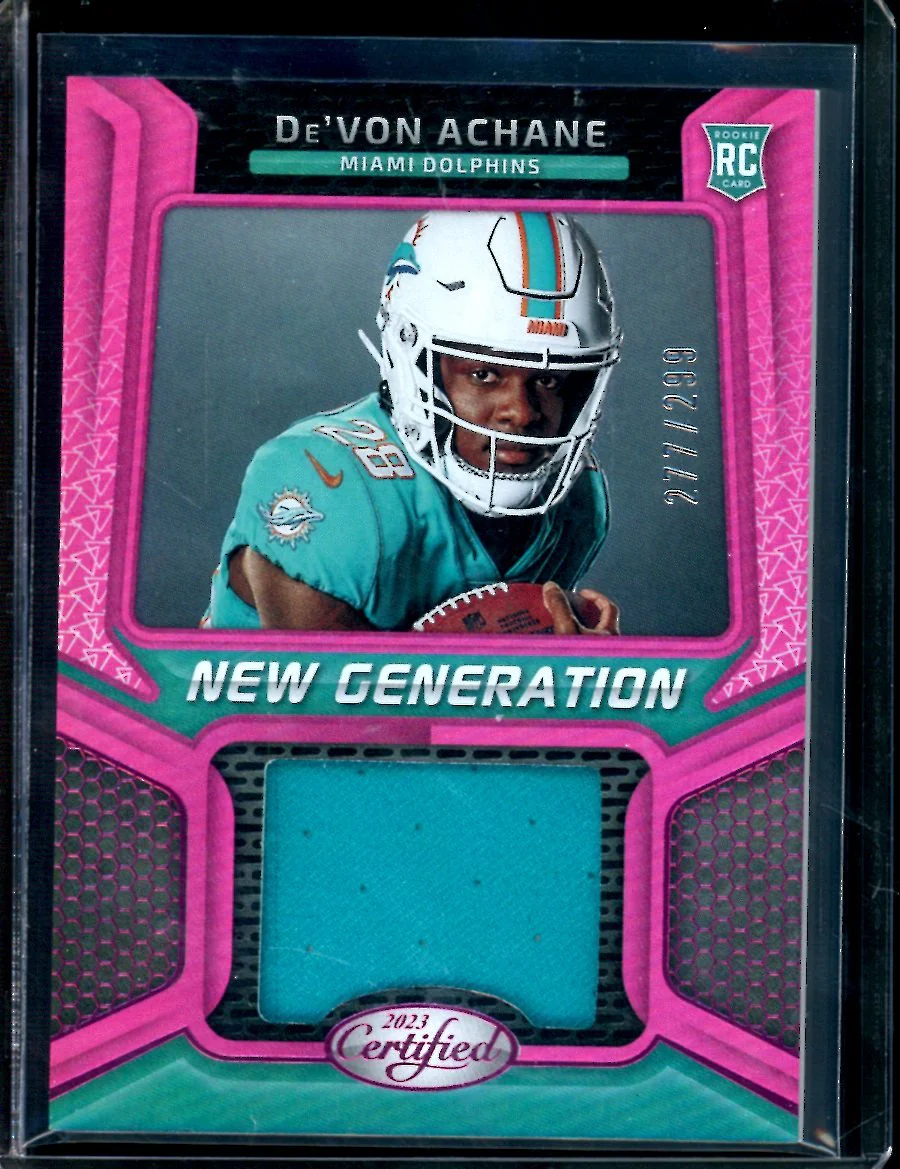 2023 Panini Certified De'Vona Achane New Generation Rookie Patch Pink /299 Dolphins