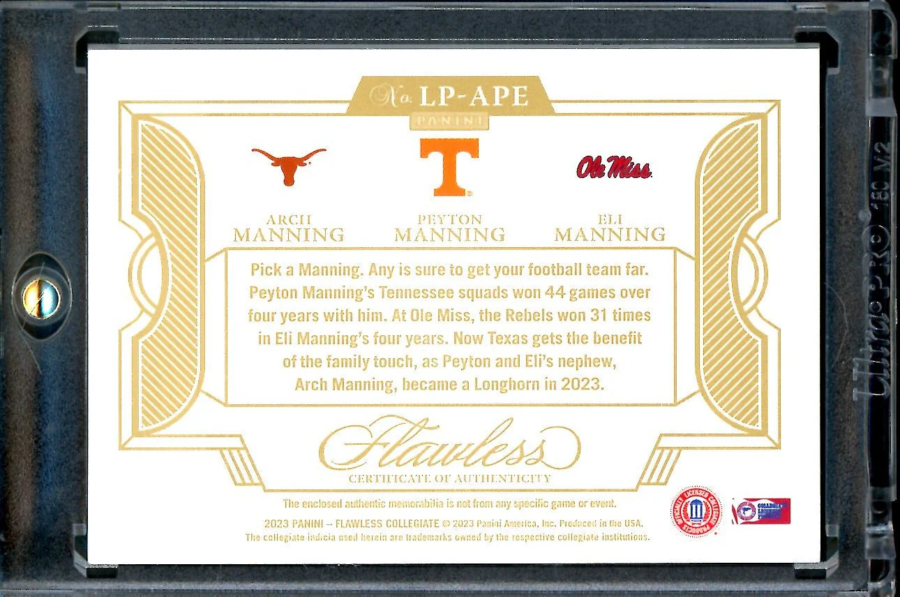2023 Panini Flawless Collegiate Arch Manning/Peyton Manning/Eli Manning Triple Patch Gold /10 - Image 2