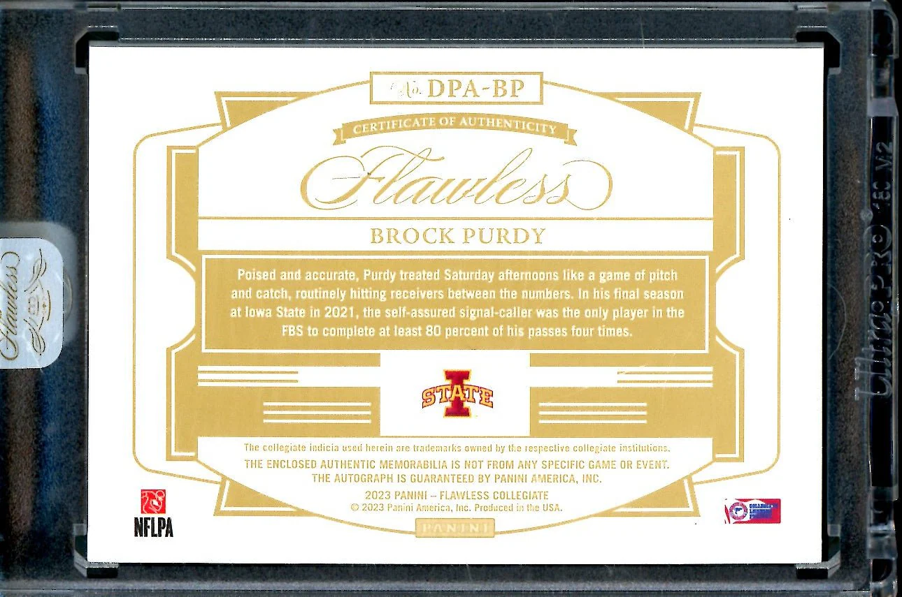 2023 Panini Flawless Collegiate Brock Purdy Patch Auto FOTL Pink /3 Iowa State - Image 2