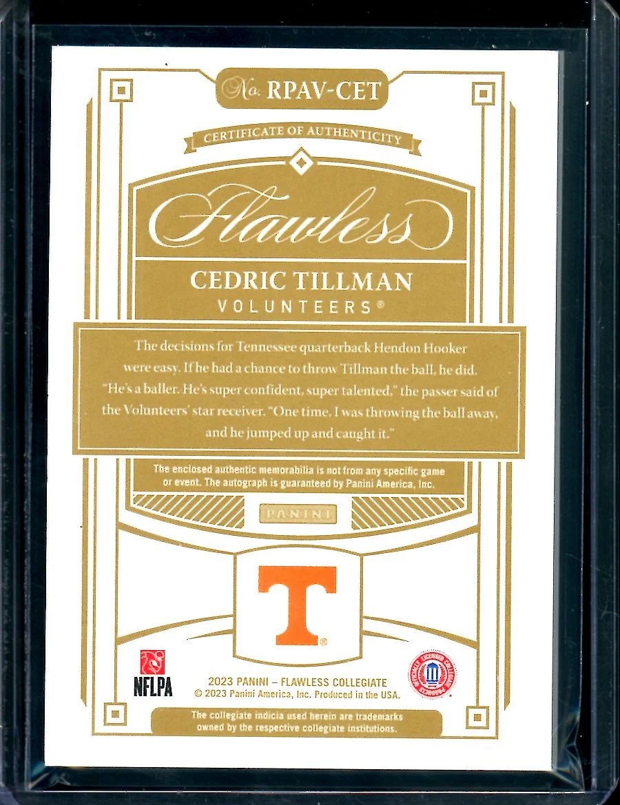 2023 Panini Flawless Collegiate Cedric Tillman Rookie RPA /25 Tennessee - Image 2