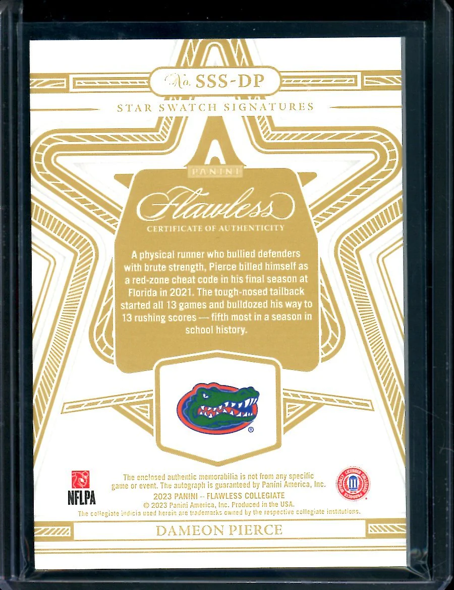 2023 Panini Flawless Collegiate Dameon Pierce Star Swatch Signatures Patch Auto /25 Florida - Image 2