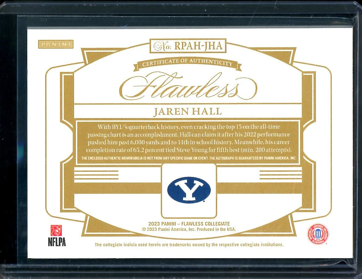2023 Panini Flawless Collegiate Jaren Hall Rookie RPA /20 BYU - Image 2