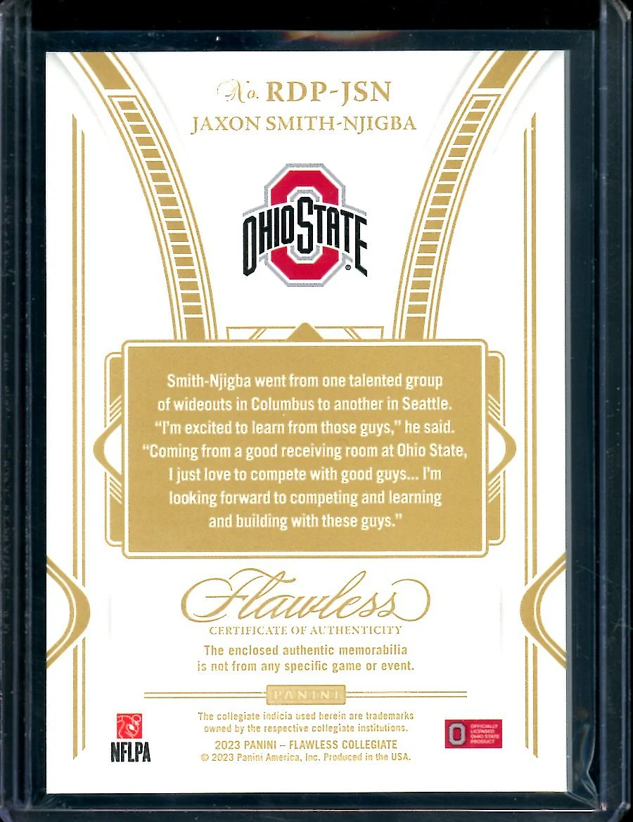 2023 Panini Flawless Collegiate Jaxon Smith-Njigba Rookie Dual Patch Gold /10 Ohio State - Image 2