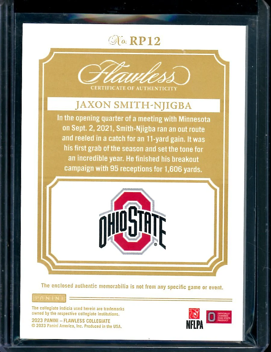 2023 Panini Flawless Collegiate Jaxon Smith-Njigba Rookie Patch Ruby /20 Ohio State - Image 2