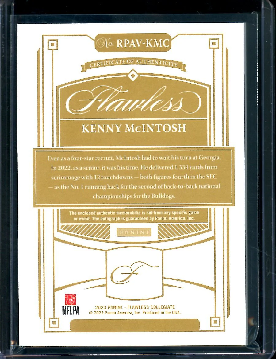 2023 Panini Flawless Collegiate Kenny McIntosh Rookie RPA 1/1 Georgia - Image 2
