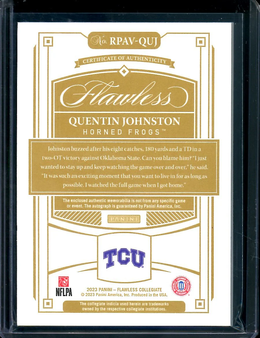 2023 Panini Flawless Collegiate Quentin Johnston Rookie RPA Red /20 TCU - Image 2
