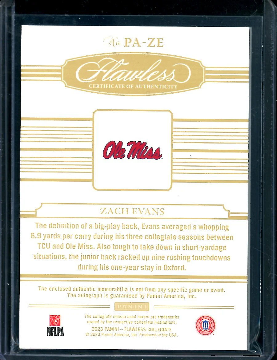 2023 Panini Flawless Collegiate Zach Evans Rookie RPA Gold /10 Ole Miss - Image 2