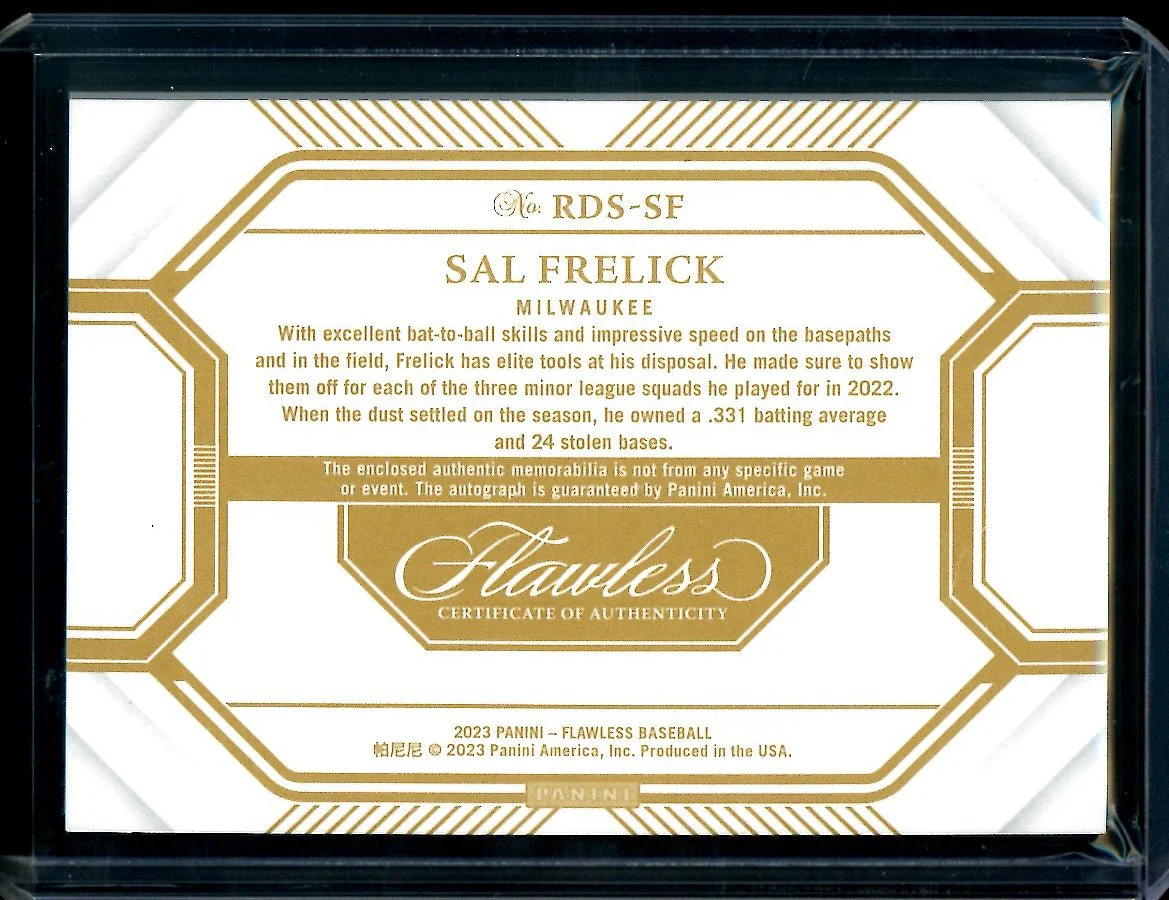 2023 Panini Flawless Sal Frelick Rookie RPA Gold /10 Brewers - Image 2